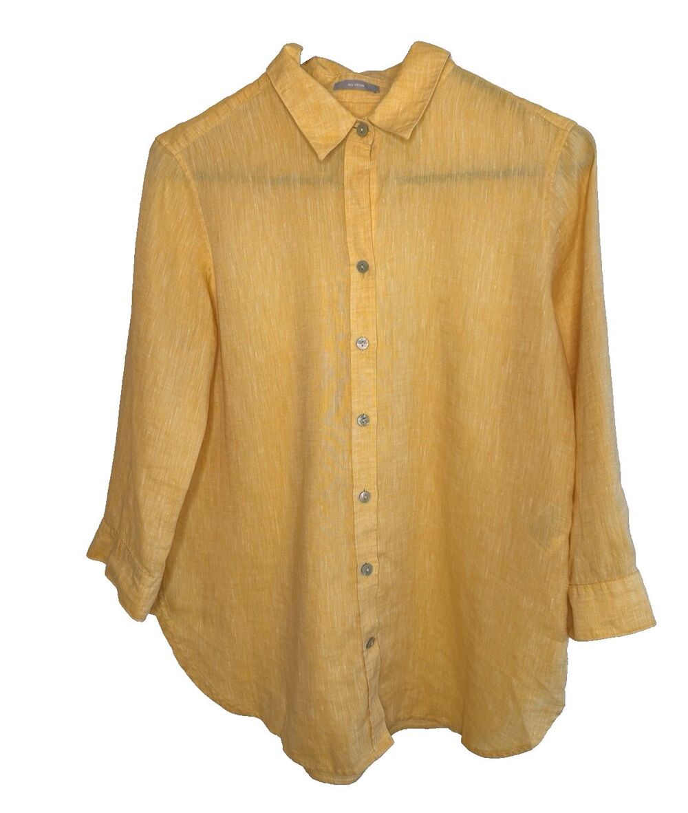 Chico's 100% Linen Butter Yellow Button Front Shirt Women's Size 0 3/4 Sleeve